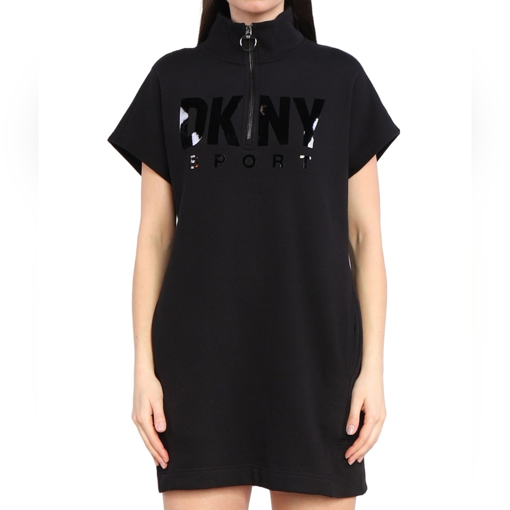 DKNY Black Zip-Front Sport Mini Sweater Dress
